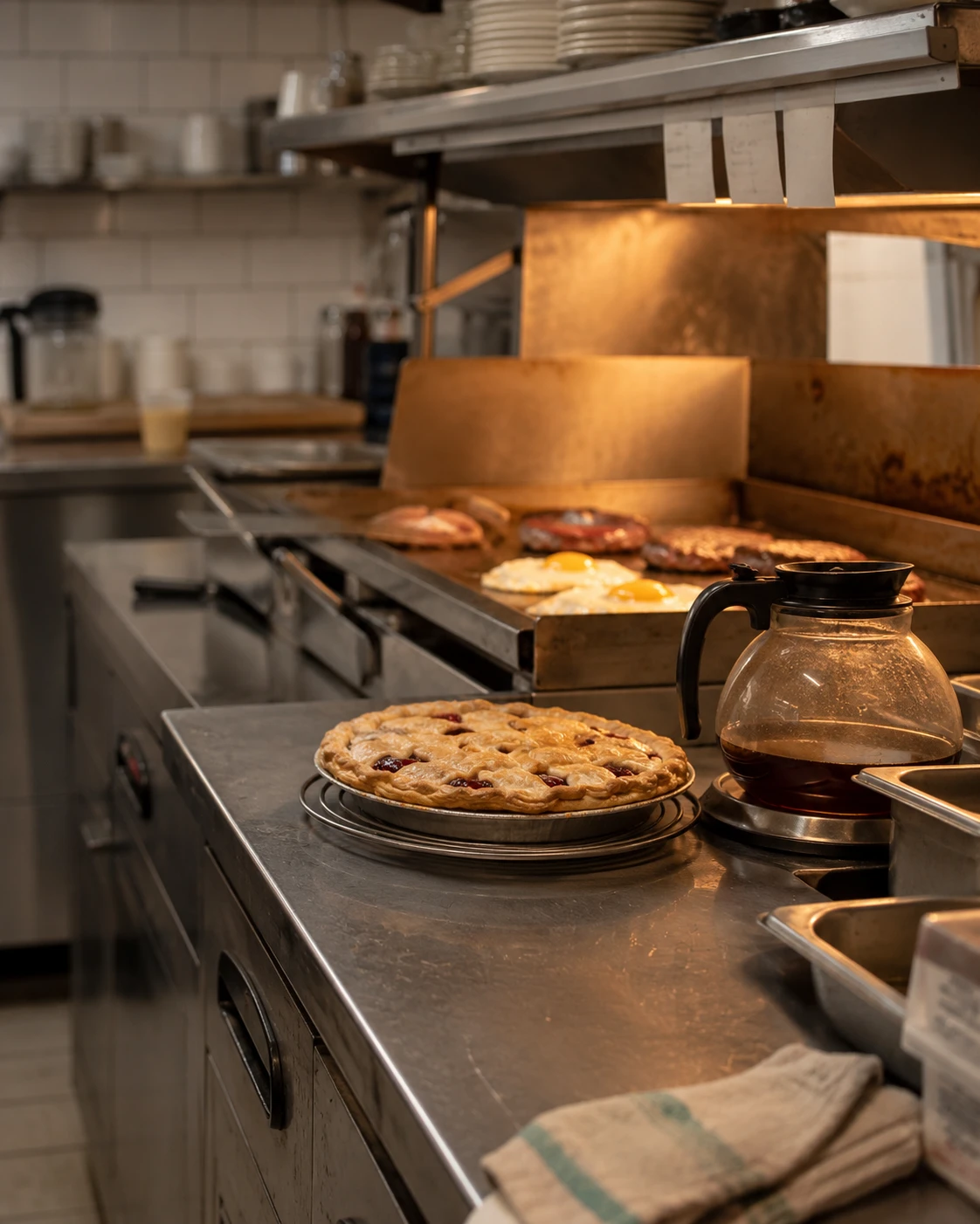 Close view of a diner kitchen prep counter before opening